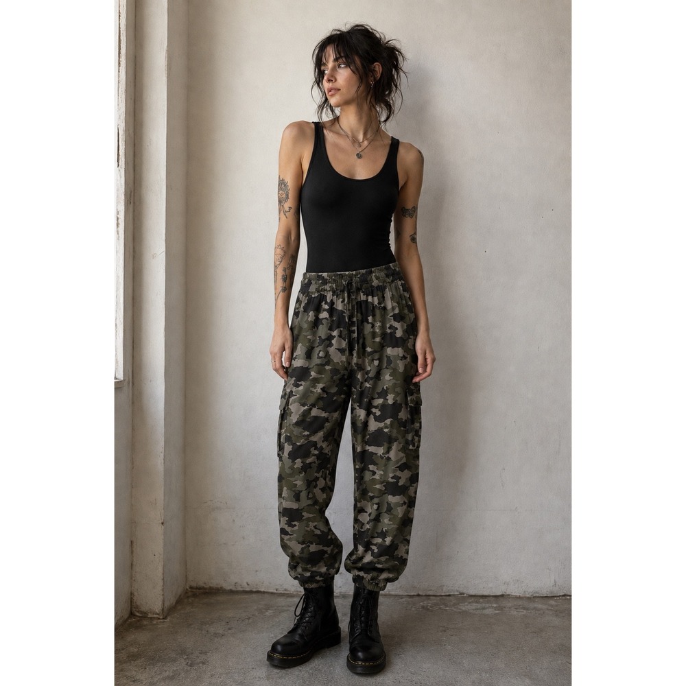 Love Fire Camo Cargo Joggers L Green Camouflage Elastic Waist Pants Soft Rayon